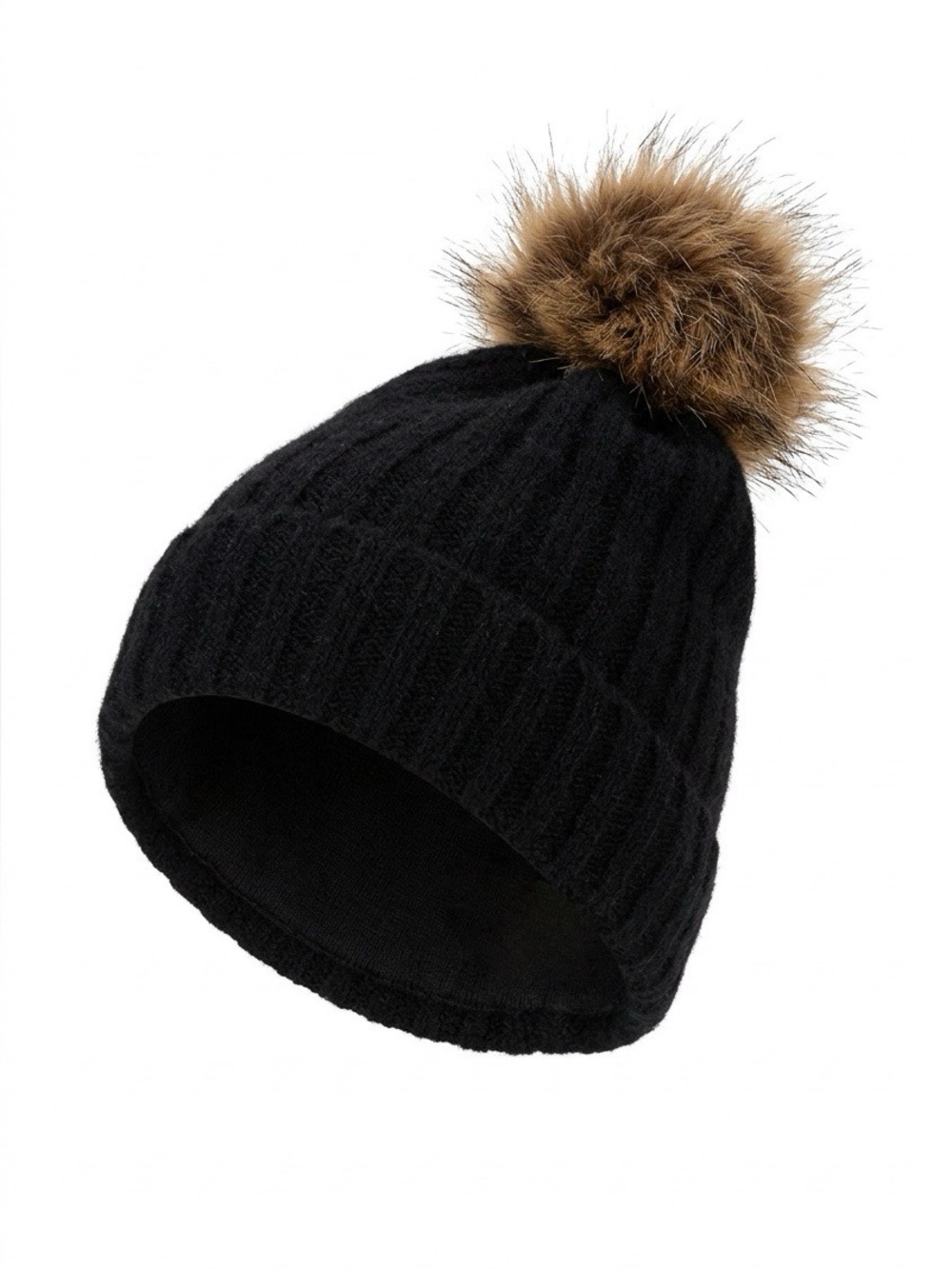 QUINCE 100% Mongolian Cashmere Ribbed Pom Pom Beanie Hat Black - OS